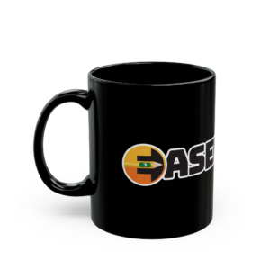 Black coffee mug with the EaselThree logo on it