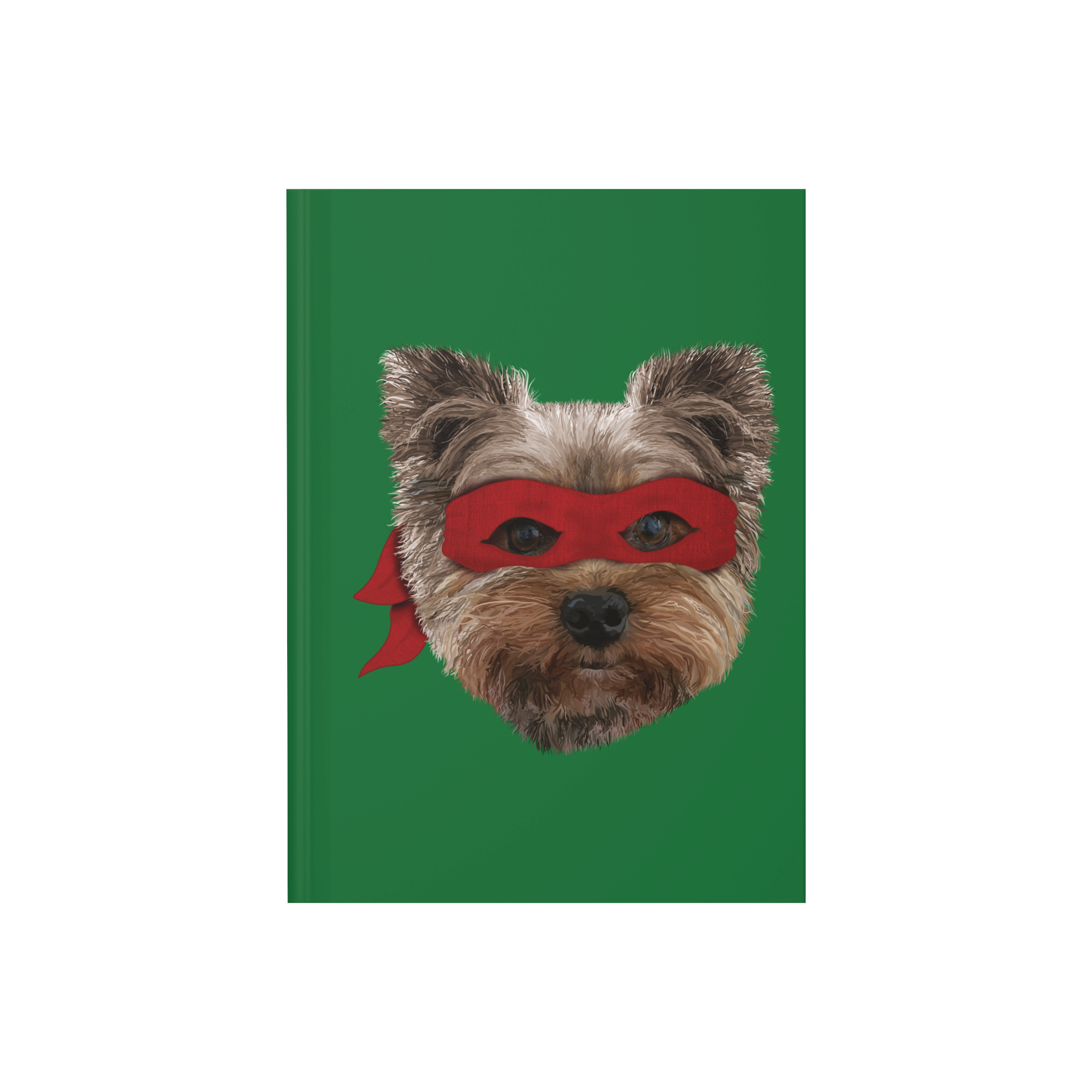 A green hardcover journal featuring our hand drawn image of our Yorkie BFF wearing a red ninja mask.