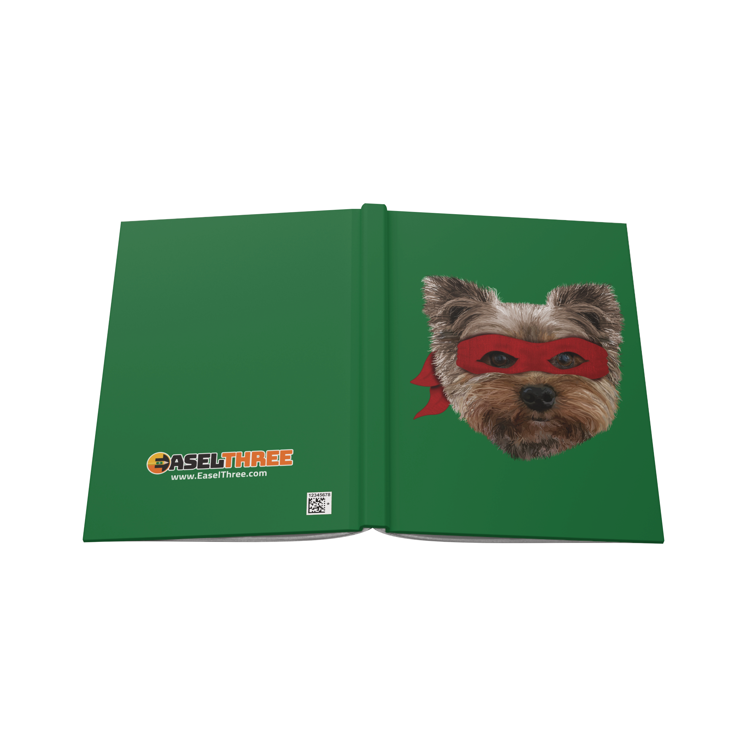 A green hardcover journal featuring our hand drawn image of our Yorkie BFF wearing a red ninja mask and EaselThree's logo and website www.easelthree.com.