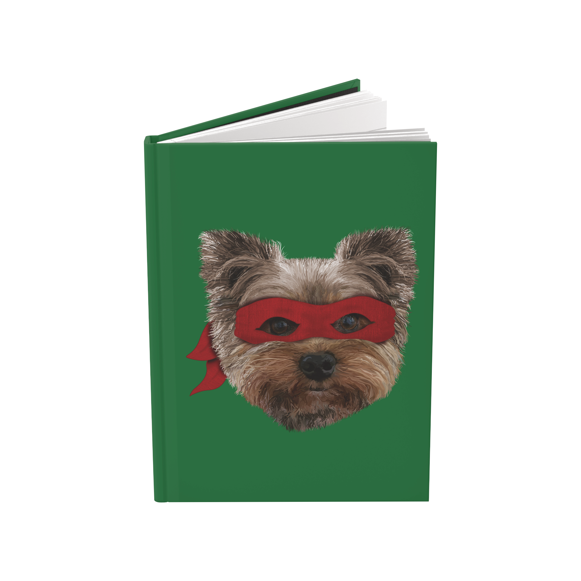 A partially opened green hardcover journal featuring our hand drawn image of our Yorkie BFF wearing a red ninja mask.