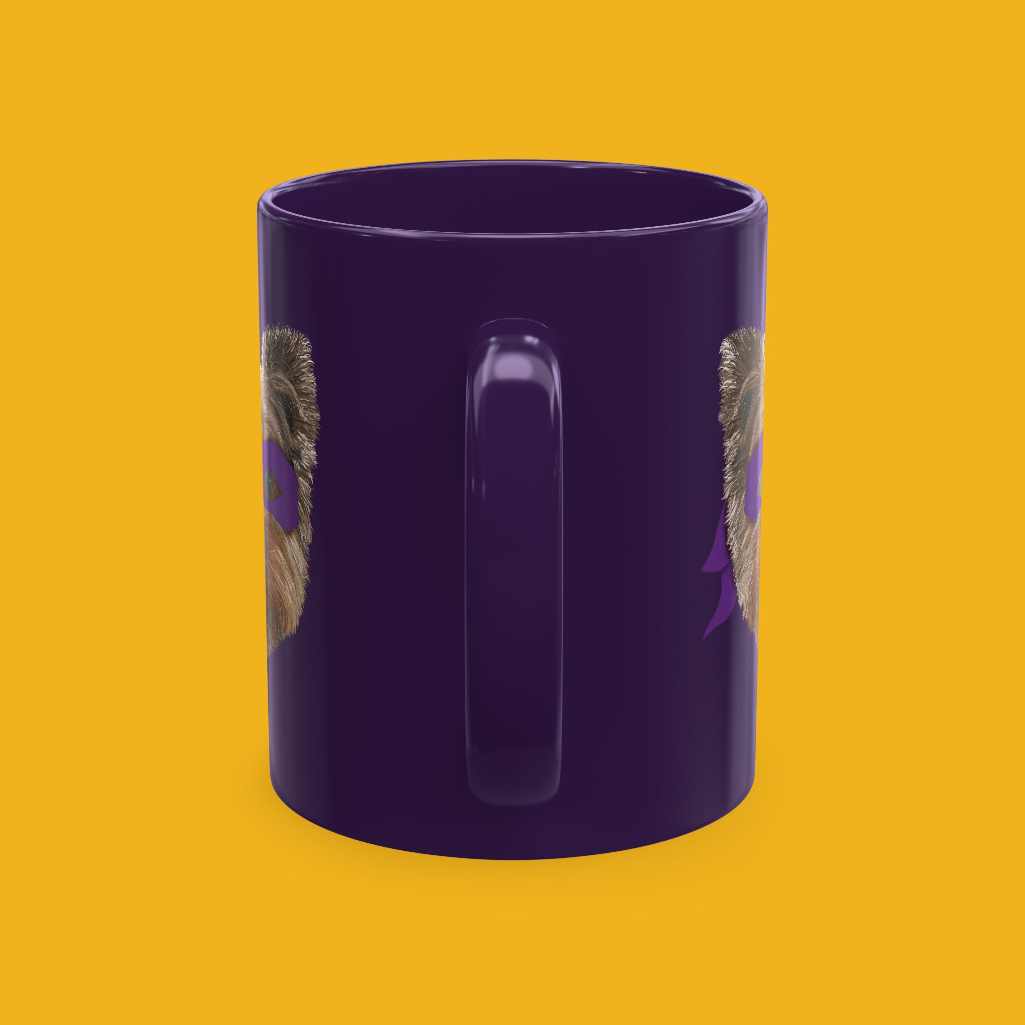 Purple coffee mug featuring a hand drawn image of our Yorkie BFF wearing a purple ninja mask.