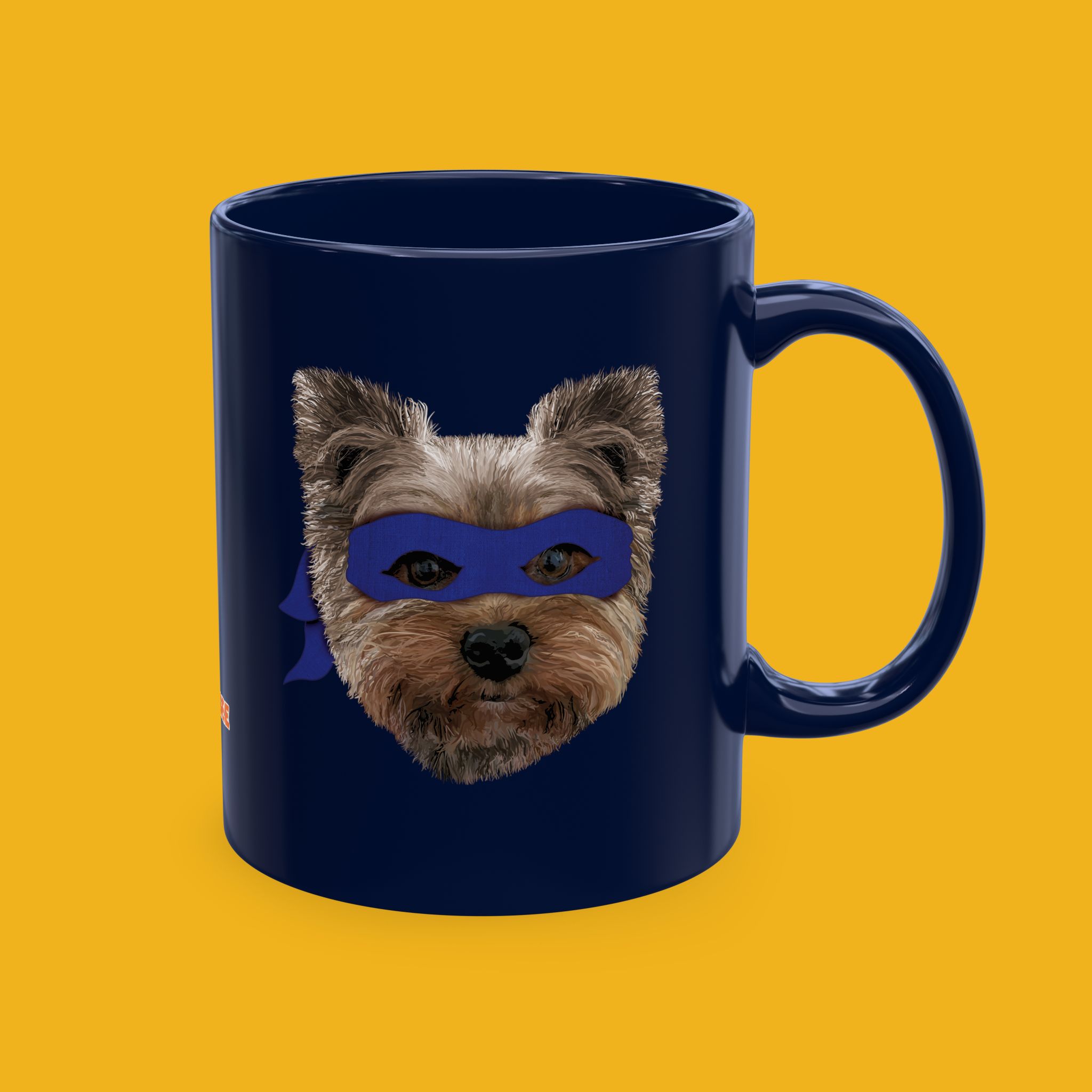 Blue coffee mug featuring a hand drawn image of our Yorkie BFF wearing a purple ninja mask.