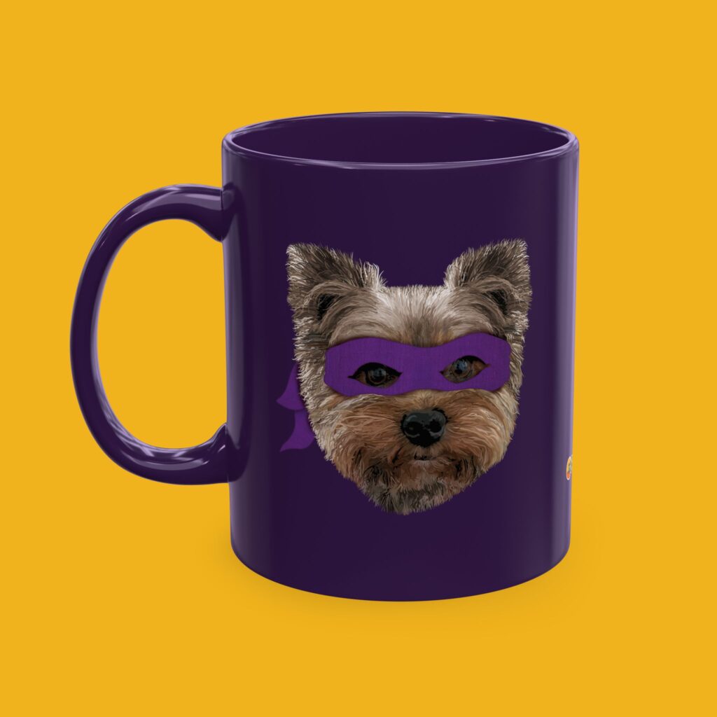 Purple coffee mug featuring a hand drawn image of our Yorkie BFF wearing a purple ninja mask.