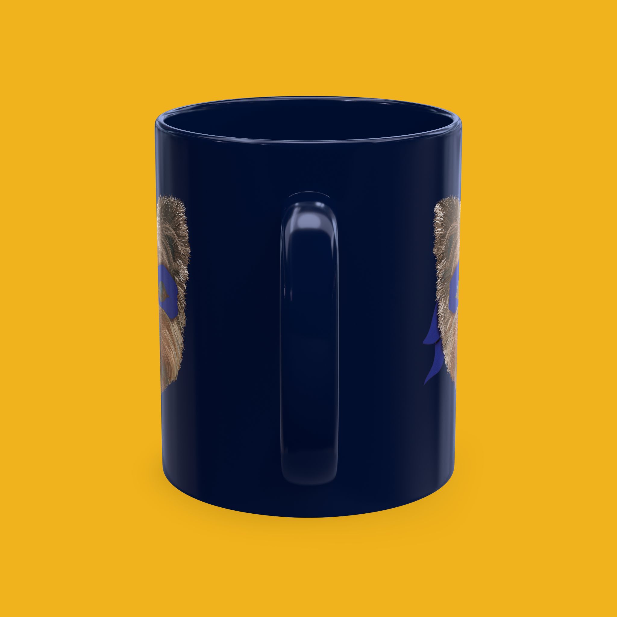 Blue coffee mug featuring a hand drawn image of our Yorkie BFF wearing a purple ninja mask.