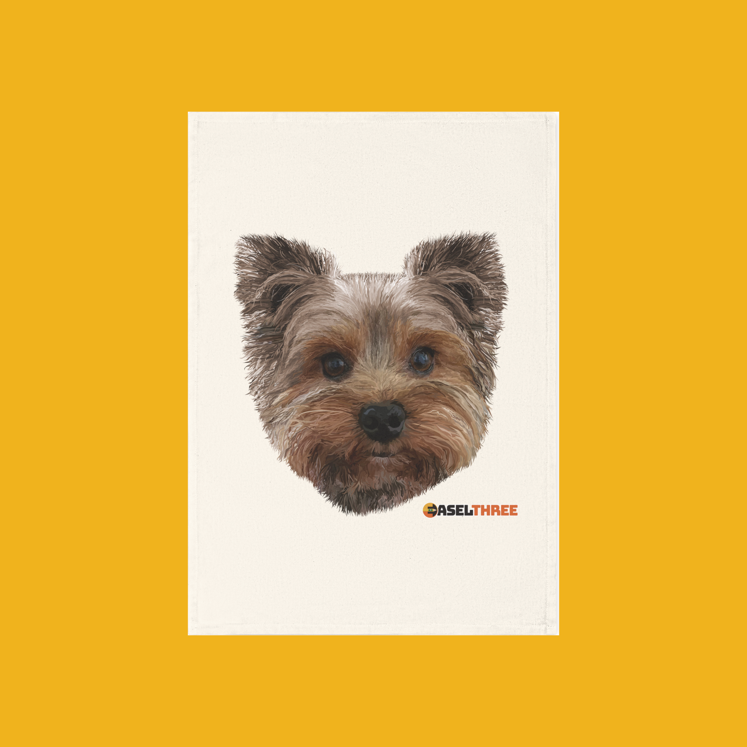 Natural colored cotton tea towel featuring a hand drawn image of a Yorkshire Terrier.