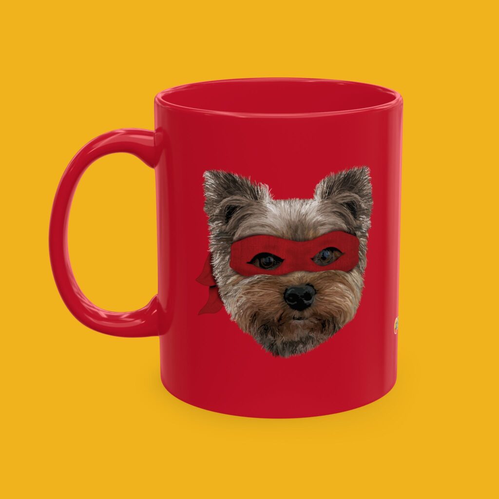 Red coffee mug featuring a hand drawn image of our Yorkie BFF.