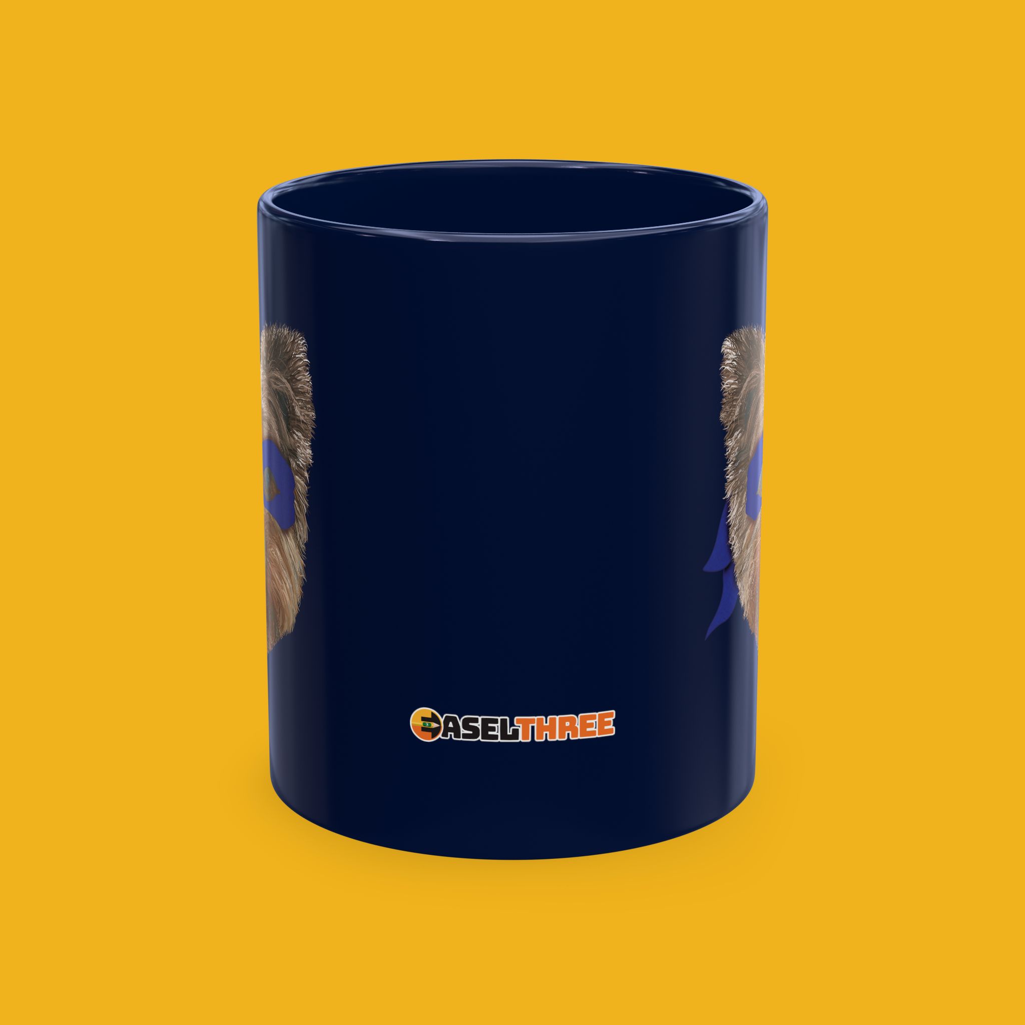 Blue coffee mug featuring a hand drawn image of our Yorkie BFF wearing a purple ninja mask.