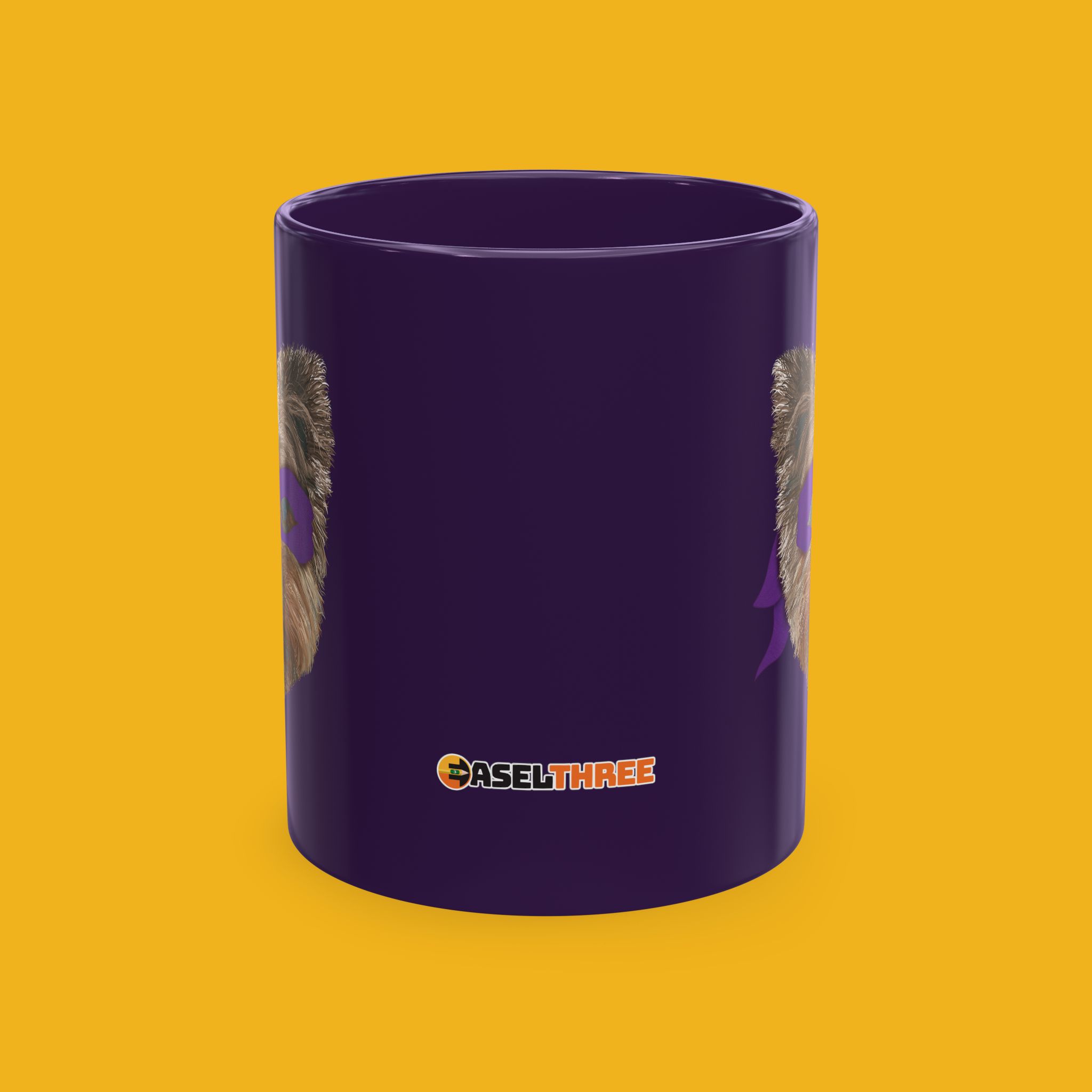 Purple coffee mug featuring a hand drawn image of our Yorkie BFF wearing a purple ninja mask.