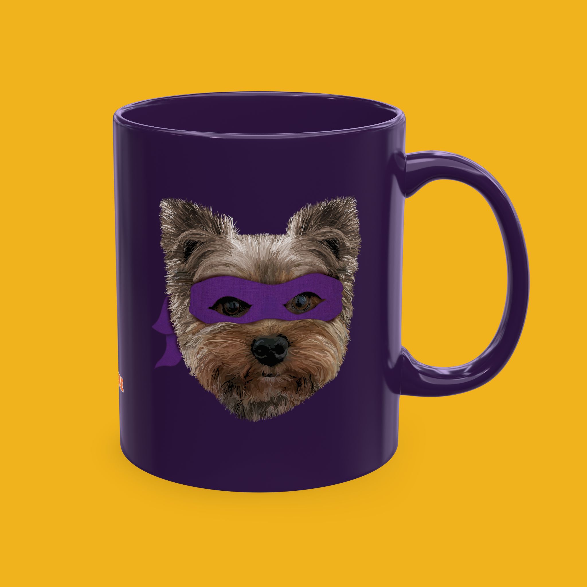 Purple coffee mug featuring a hand drawn image of our Yorkie BFF wearing a purple ninja mask.