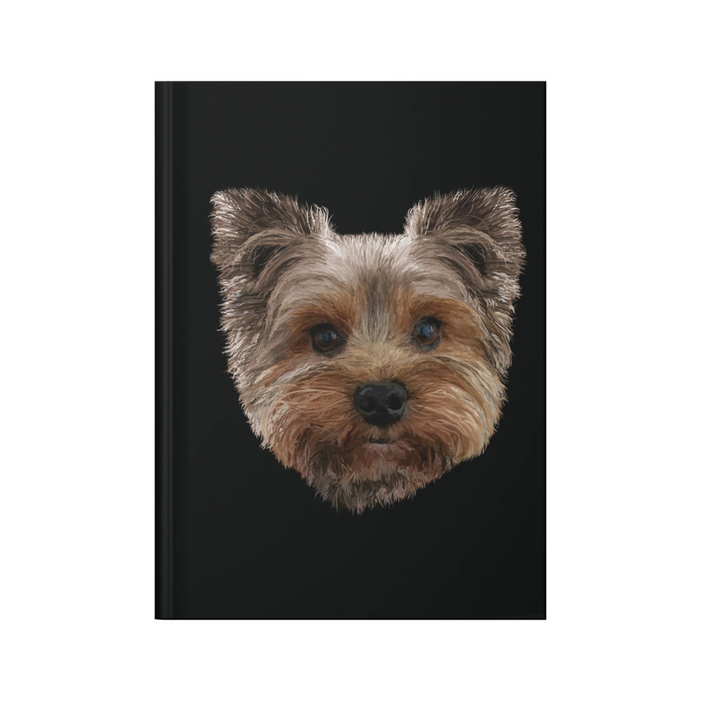 Image showing the front of a black hardcover journal featuring a hand drawn image of a Yorkshire Terrier's face.